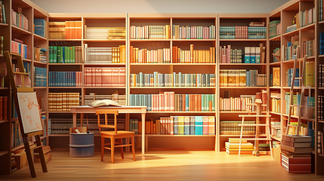 3D图书馆里的书架和桌子插画