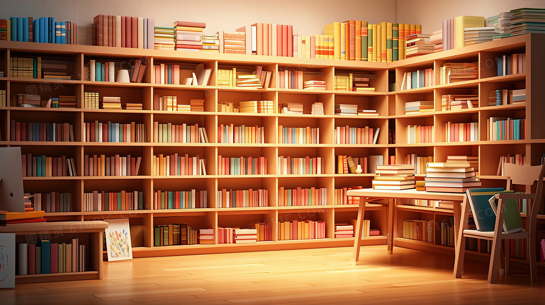 3D图书馆里的书架和桌子插画