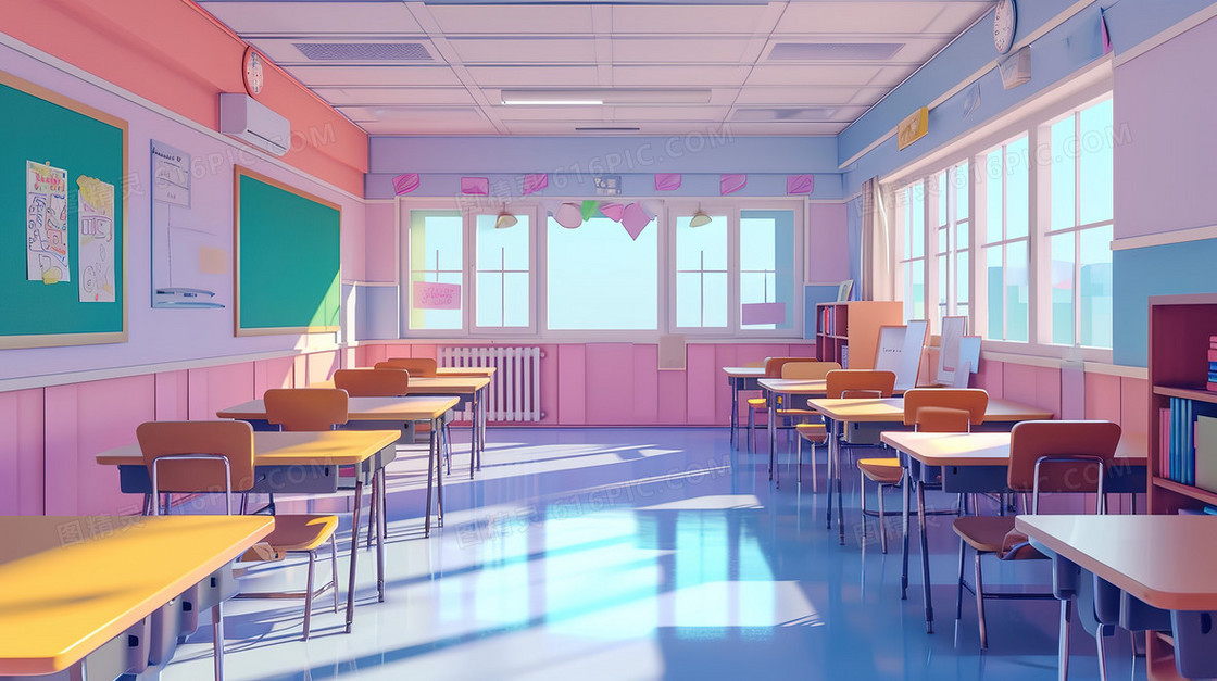 粉色调阳光照射的教室插画