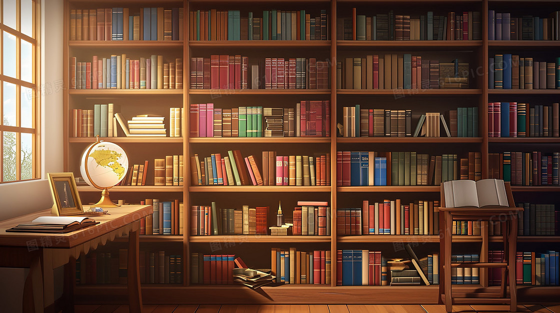 图书馆里的书架和桌子插画