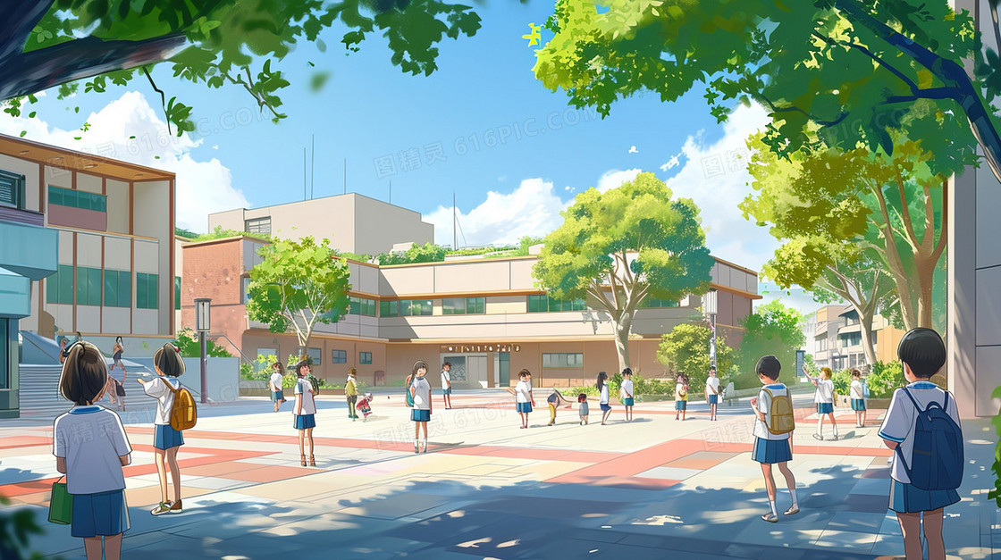 开学季校园建筑风景插画