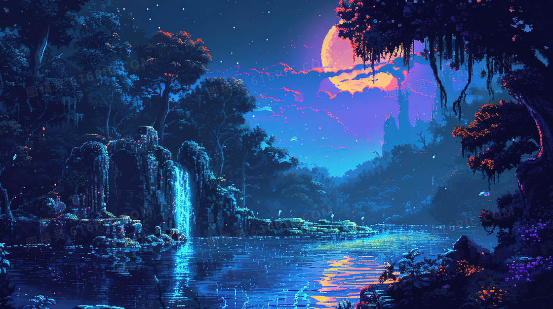 游戏像素风夜晚树林唯美风景插画