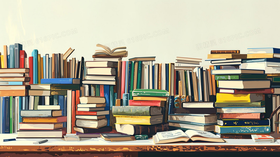 学校图书馆成堆的书籍插画