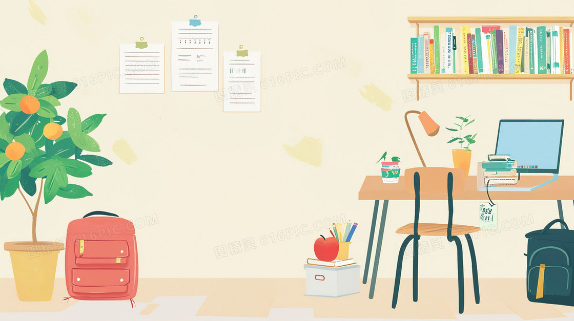 扁平化开学季书桌学习用品插画