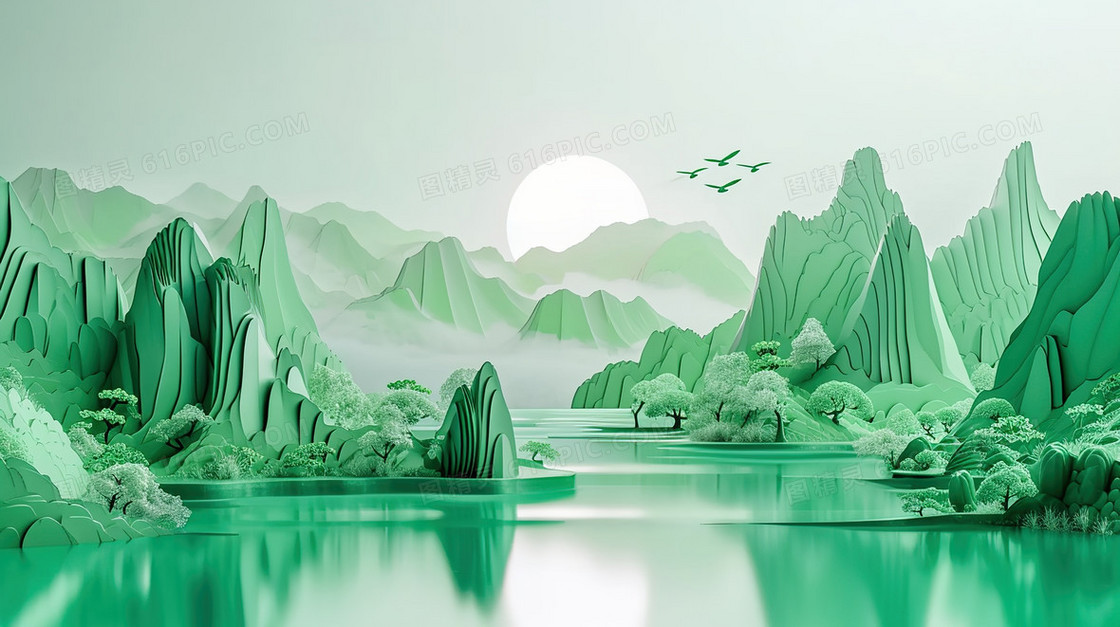 绿色立体模型山水风景图片