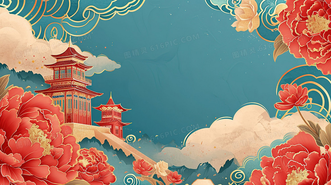 唯美彩色国潮鎏金牡丹建筑插画