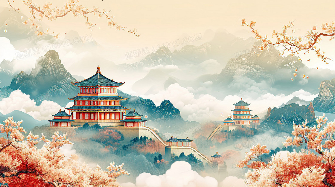 唯美彩色国潮鎏金桃花建筑插画