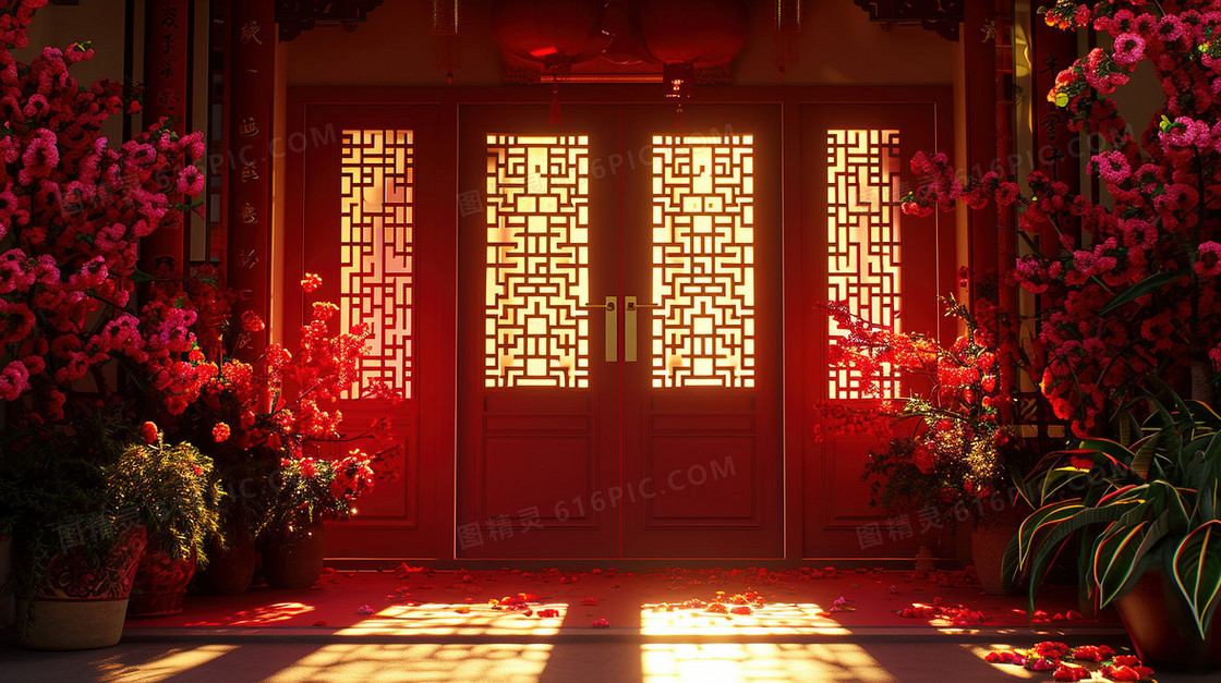 春节中国风红色大门开门红插画