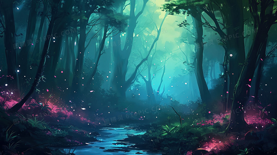 夜晚幽静的树林风景插画