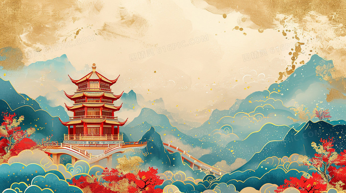 唯美彩色国潮鎏金建筑插画
