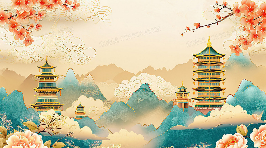 唯美彩色国潮鎏金牡丹建筑插画