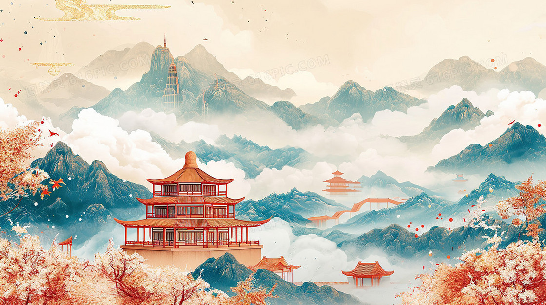 唯美彩色国潮鎏金建筑插画