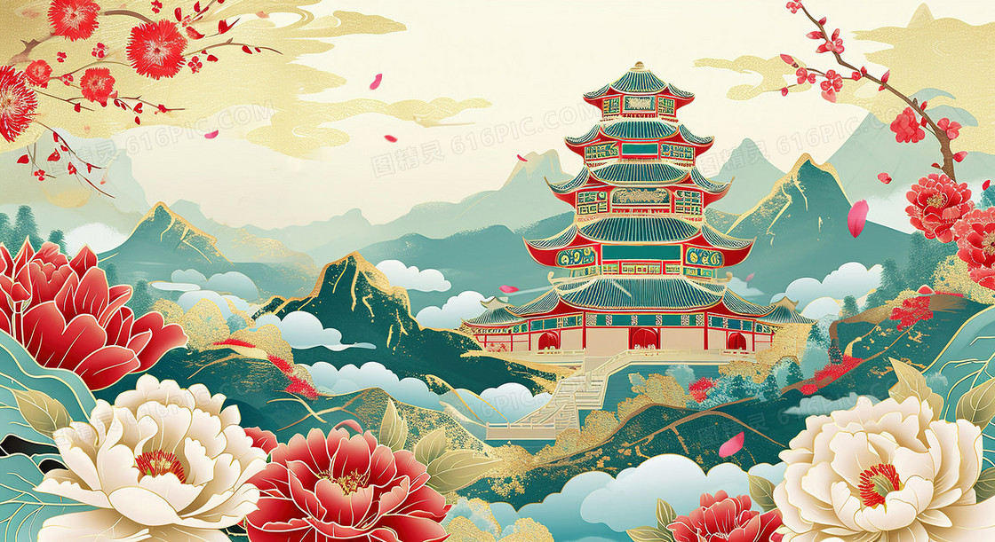 唯美彩色国潮鎏金牡丹建筑插画