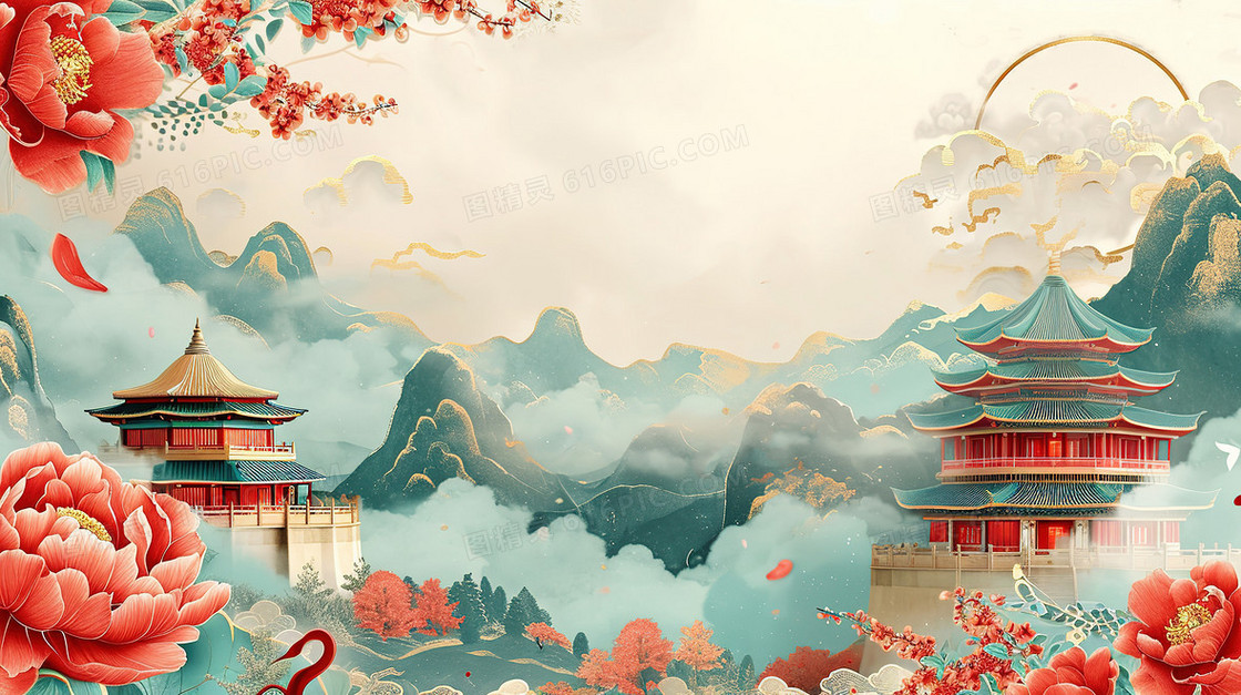 唯美彩色国潮鎏金牡丹建筑插画