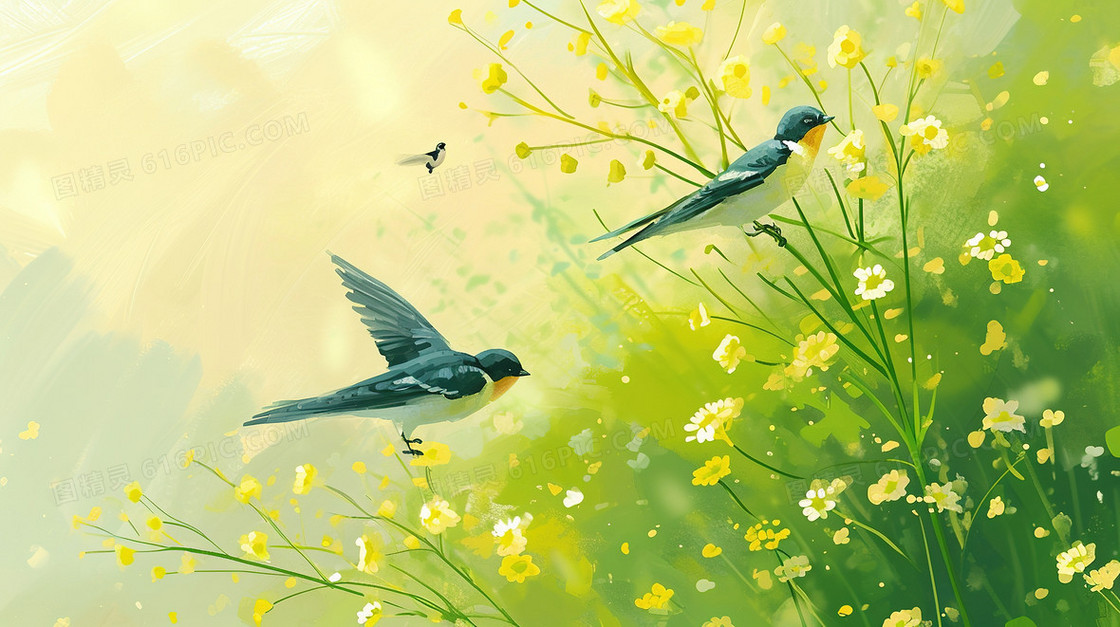 黄绿色花海中的小鸟插画