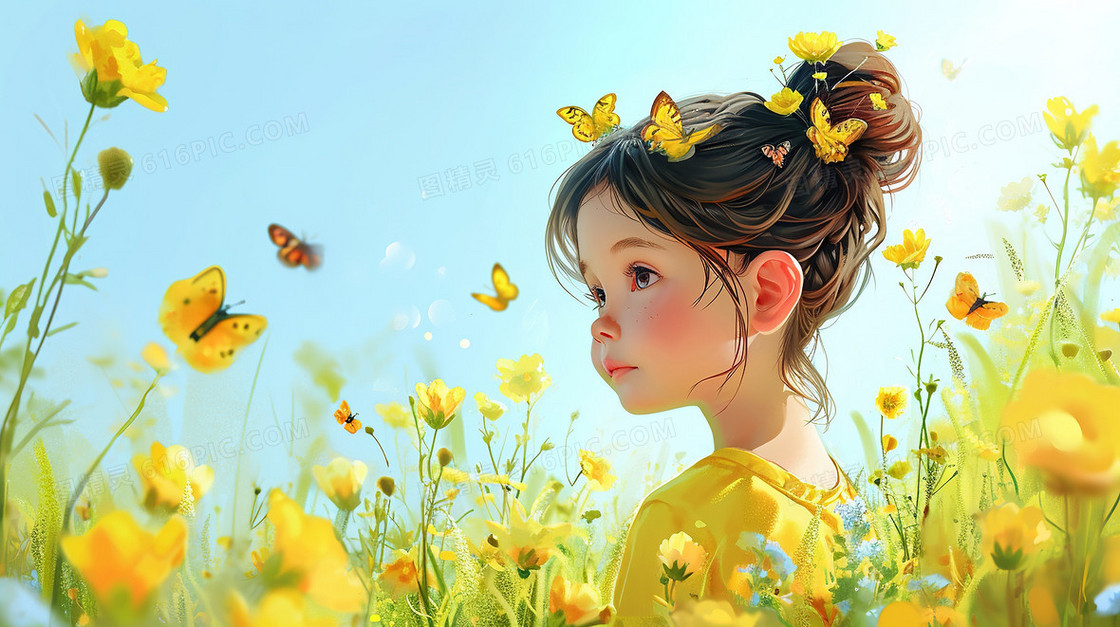 唯美春季黄色花海女孩插画