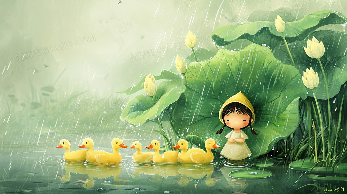 下雨天女孩和小鸭子插画