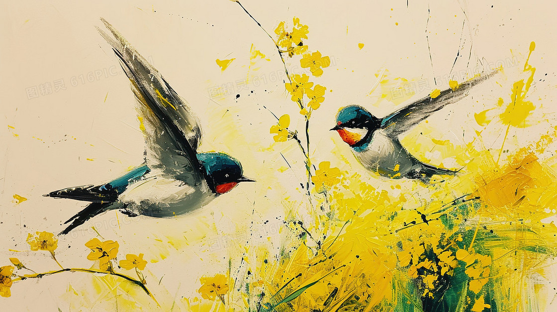 黄绿色花海中的小鸟插画