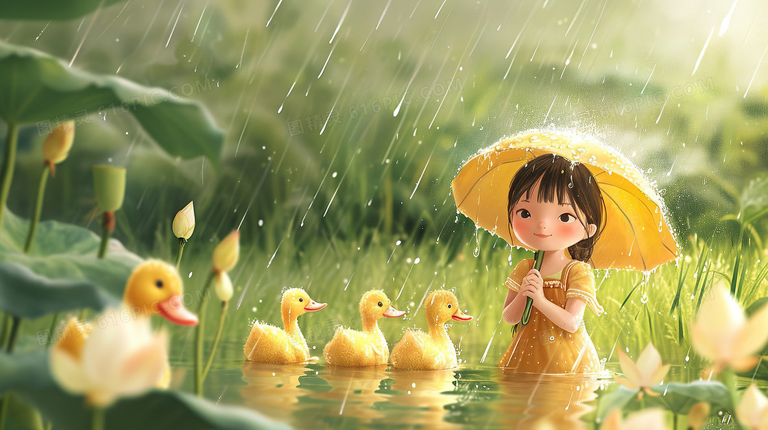 下雨天女孩和小鸭子插画