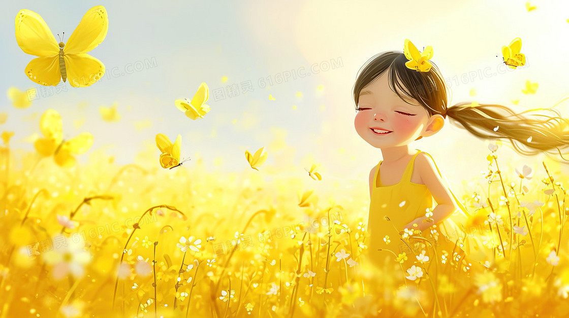 唯美春季黄色花海女孩插画