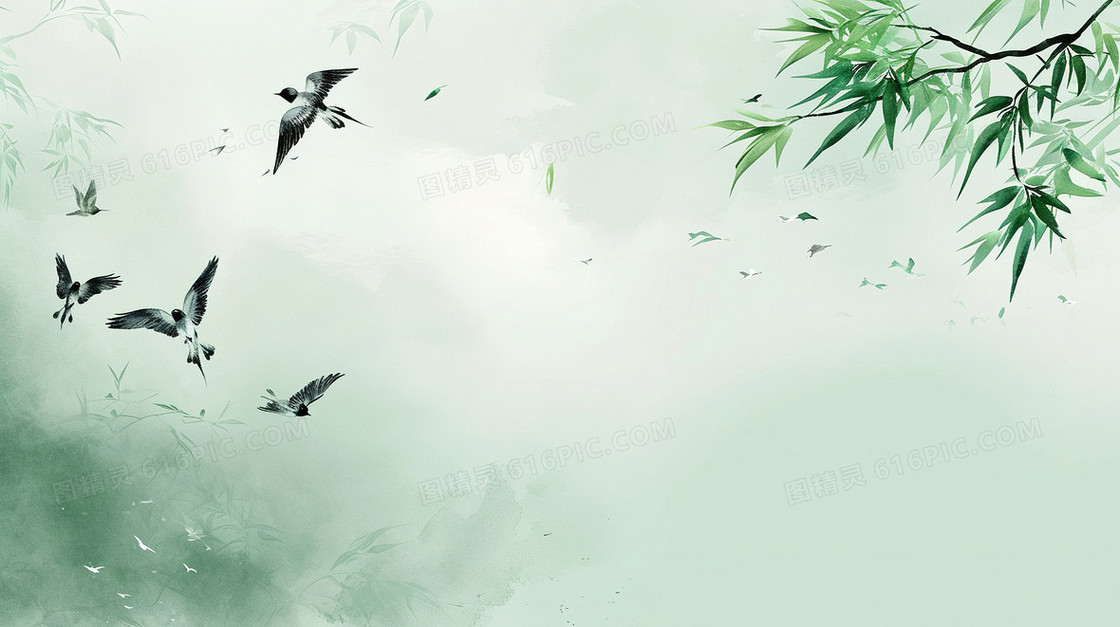 春季绿色中国风柳枝风景插画