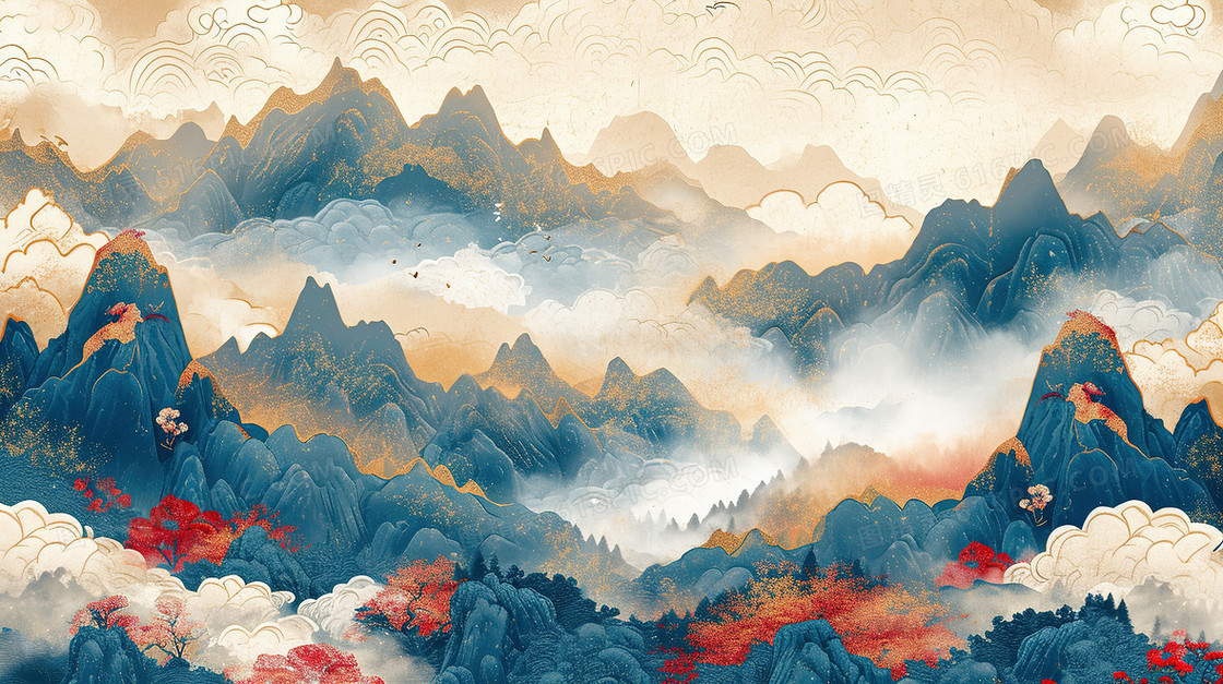 彩色唯美国潮鎏金山水画插画