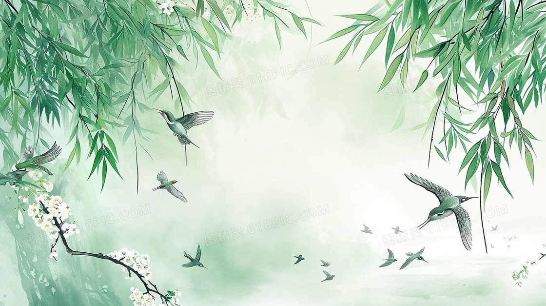 春季绿色中国风柳枝风景插画