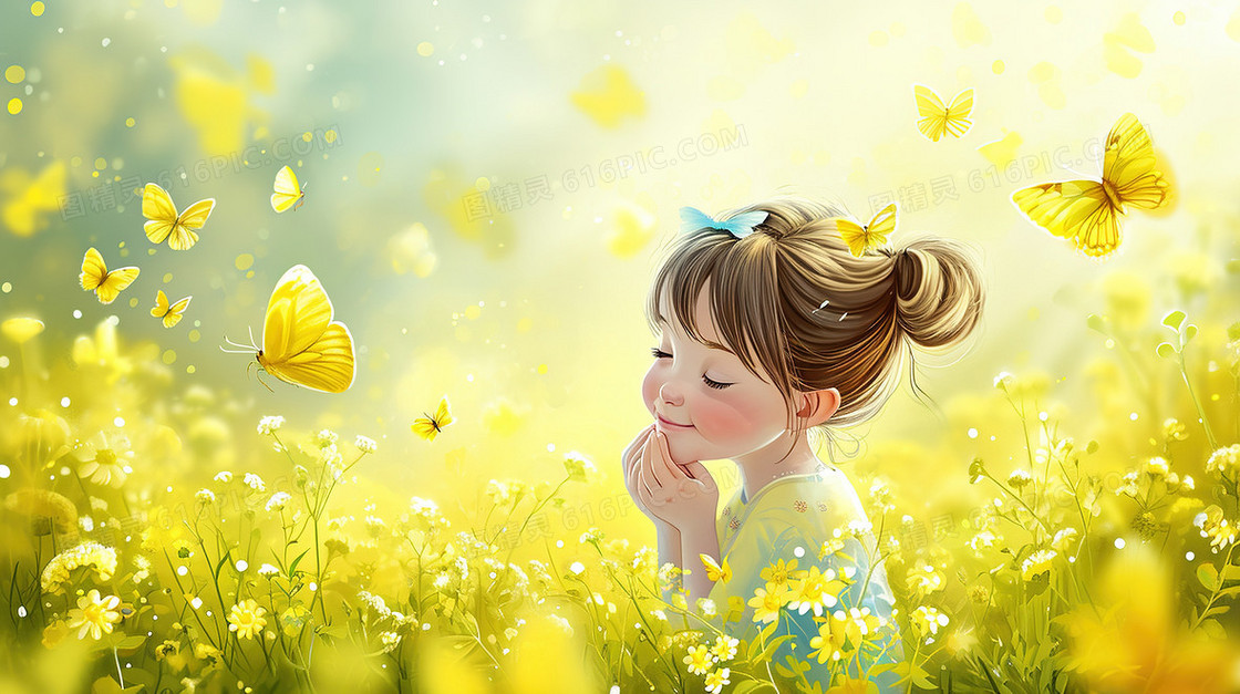 唯美春季黄色花海女孩插画