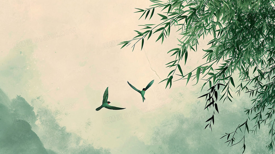 春季绿色中国风柳枝风景插画