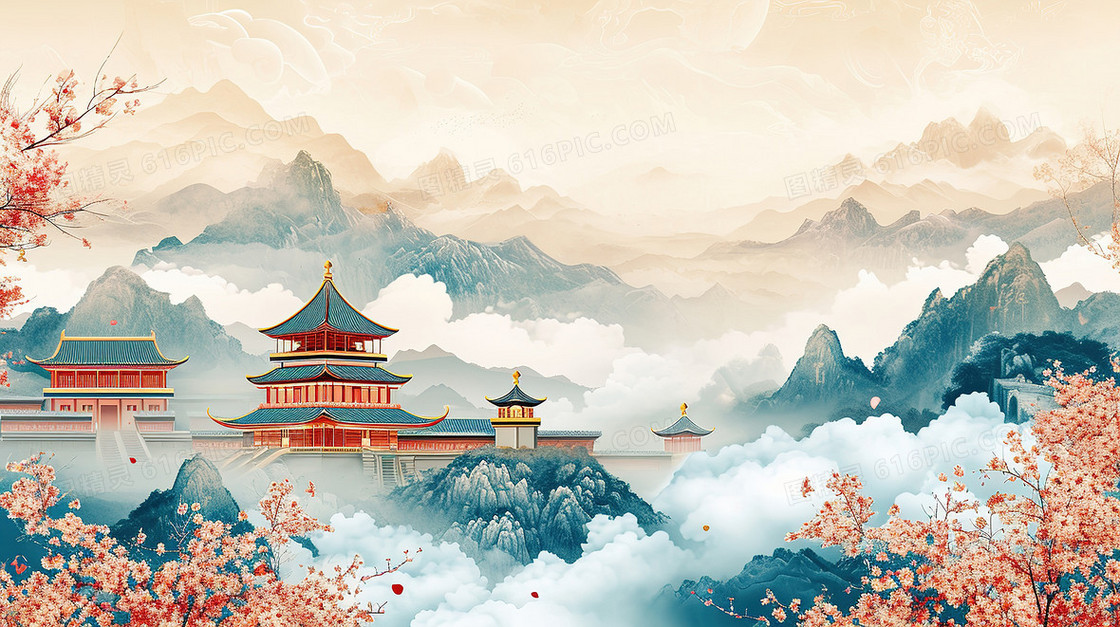 唯美彩色国潮鎏金桃花建筑插画