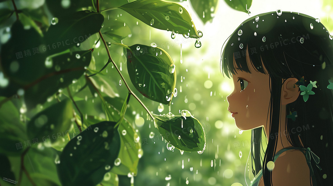 下雨天女孩观察植物插画