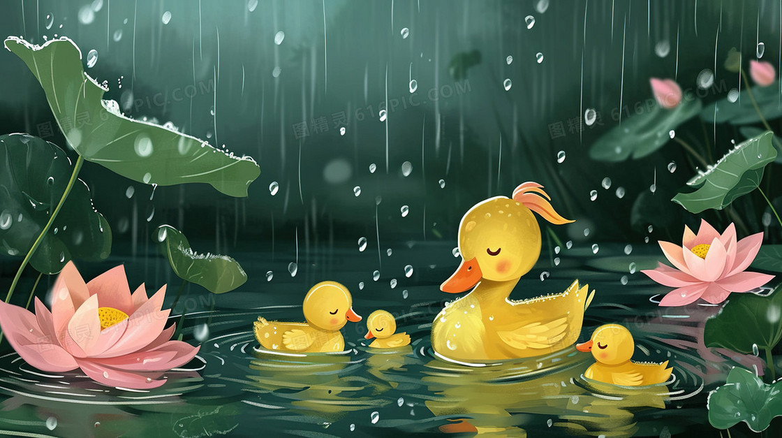 下雨天鸭妈妈和小黄鸭子插画