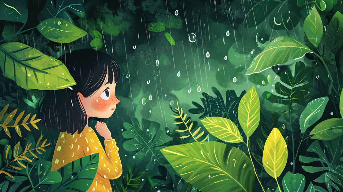 下雨天女孩观察植物插画