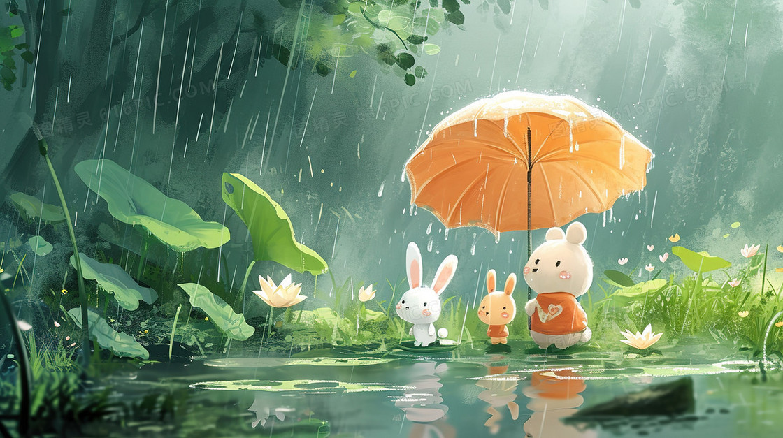 下雨天森林里打伞小动物插画