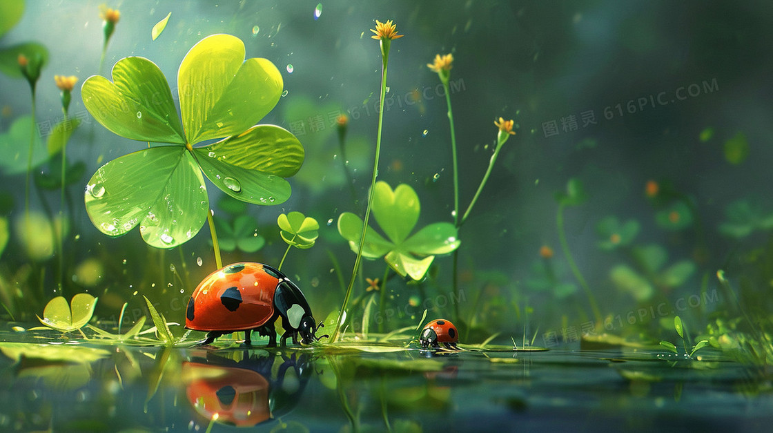 下雨天的绿色上甲壳虫插画