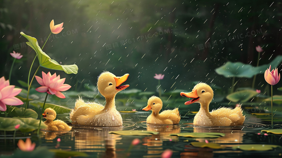 下雨天鸭妈妈和白色小鸭子插画
