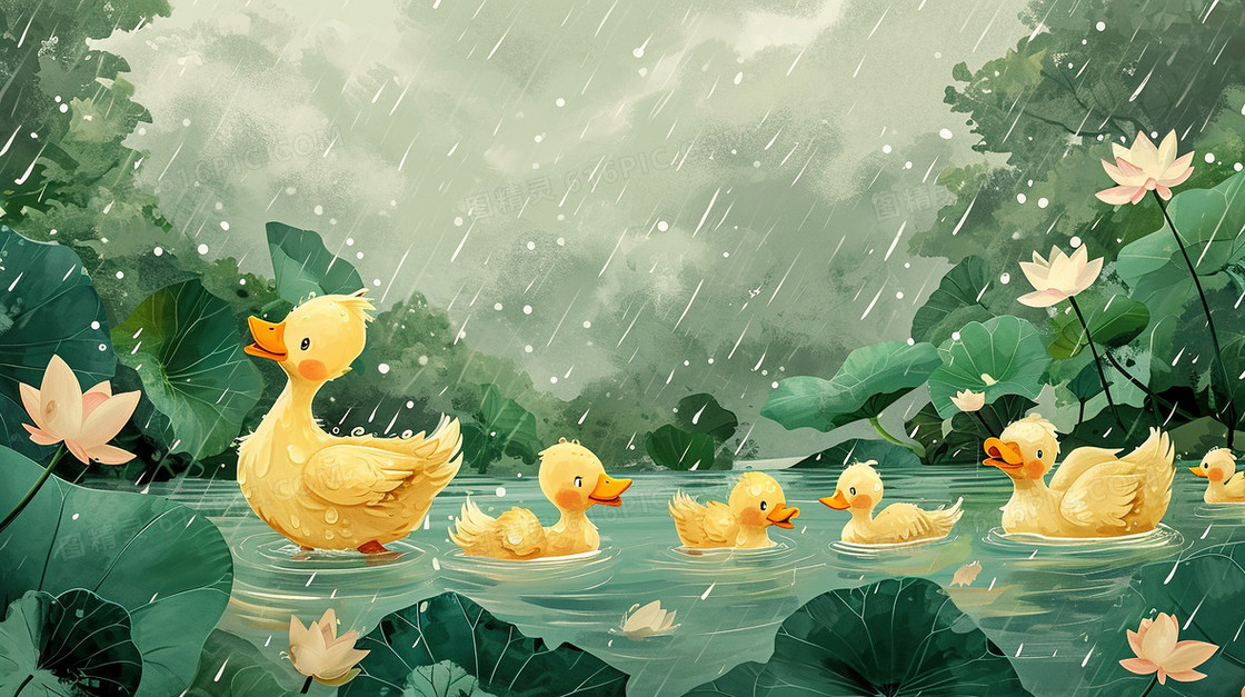 下雨天鸭妈妈和小黄鸭子插画