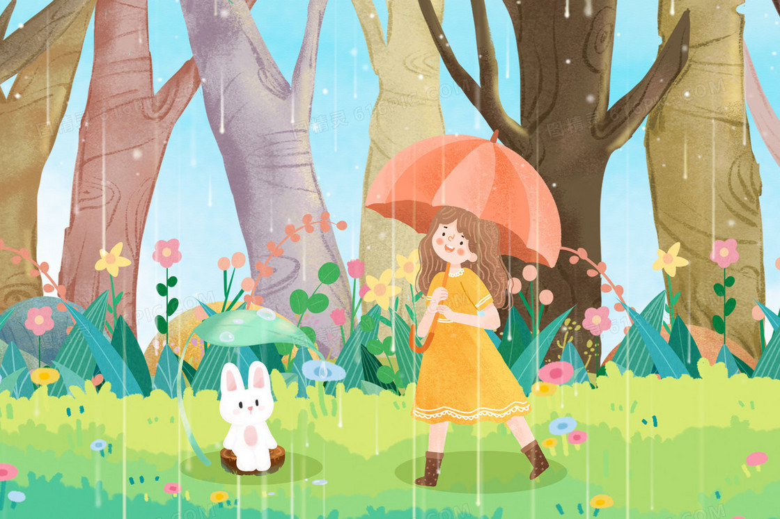 小雨节气女孩和兔子躲雨插画