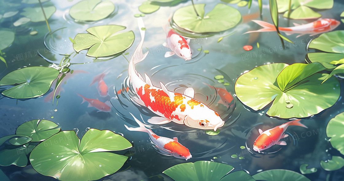 夏日池塘里的锦鲤插画