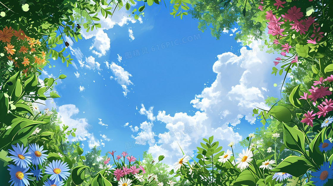 彩色仰视蓝天白云花海背景