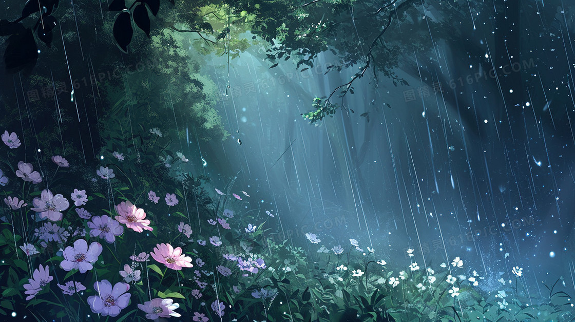 雨季森林中的小花插画