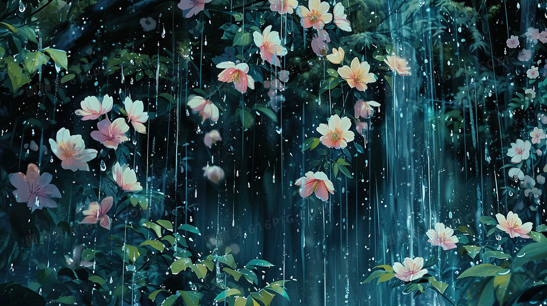 雨季森林中的小花插画