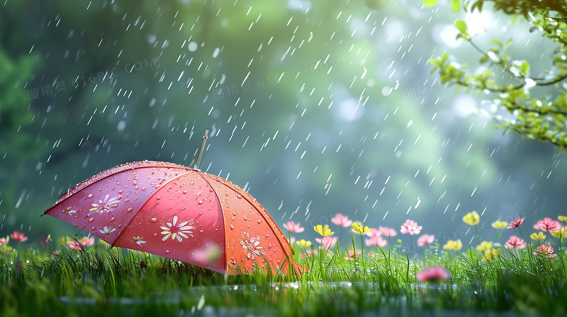 雨中草地上的雨伞插画