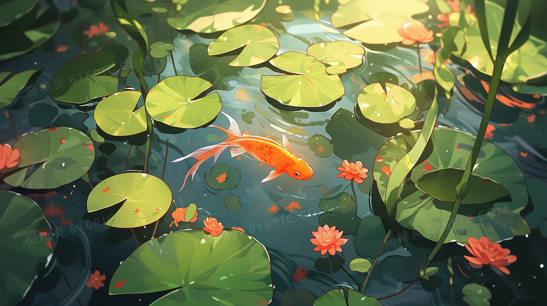 夏日池塘里的锦鲤插画