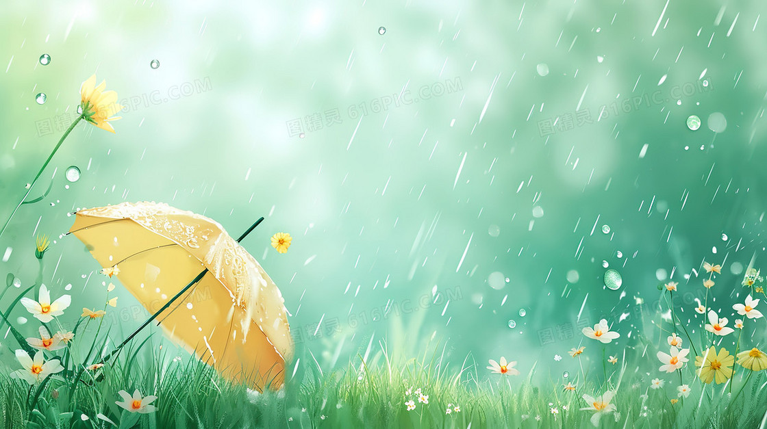 雨中草地上的雨伞插画