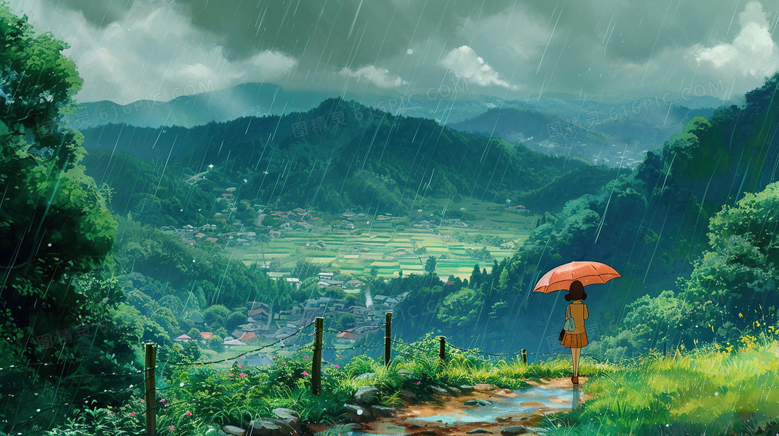 绿色雨中山坡草地撑伞女孩背影插画