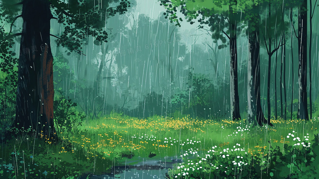 绿色春天雨中的森林插画