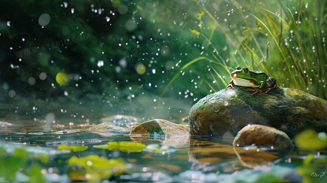春季下雨池塘边的青蛙插画