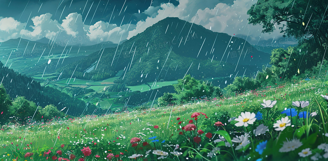 蓝绿色雨中山坡草地鲜花插画