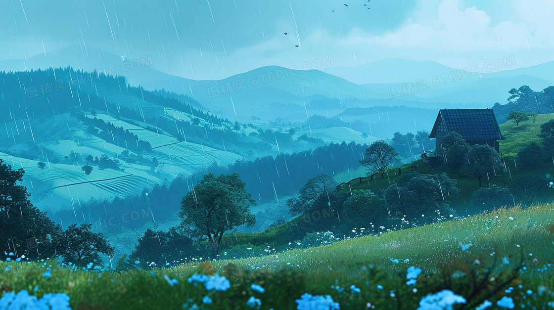 蓝绿色雨中山坡草地插画